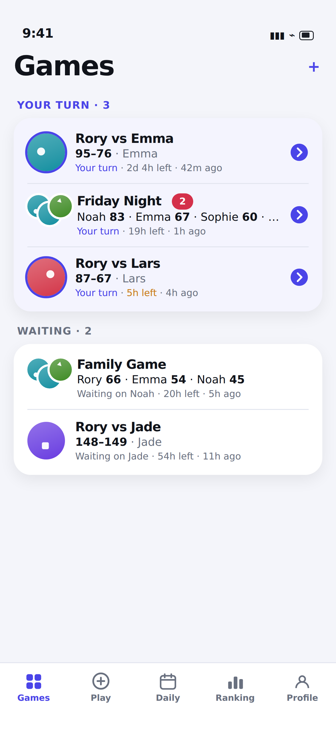 The list of running games, showing whose turn it is.