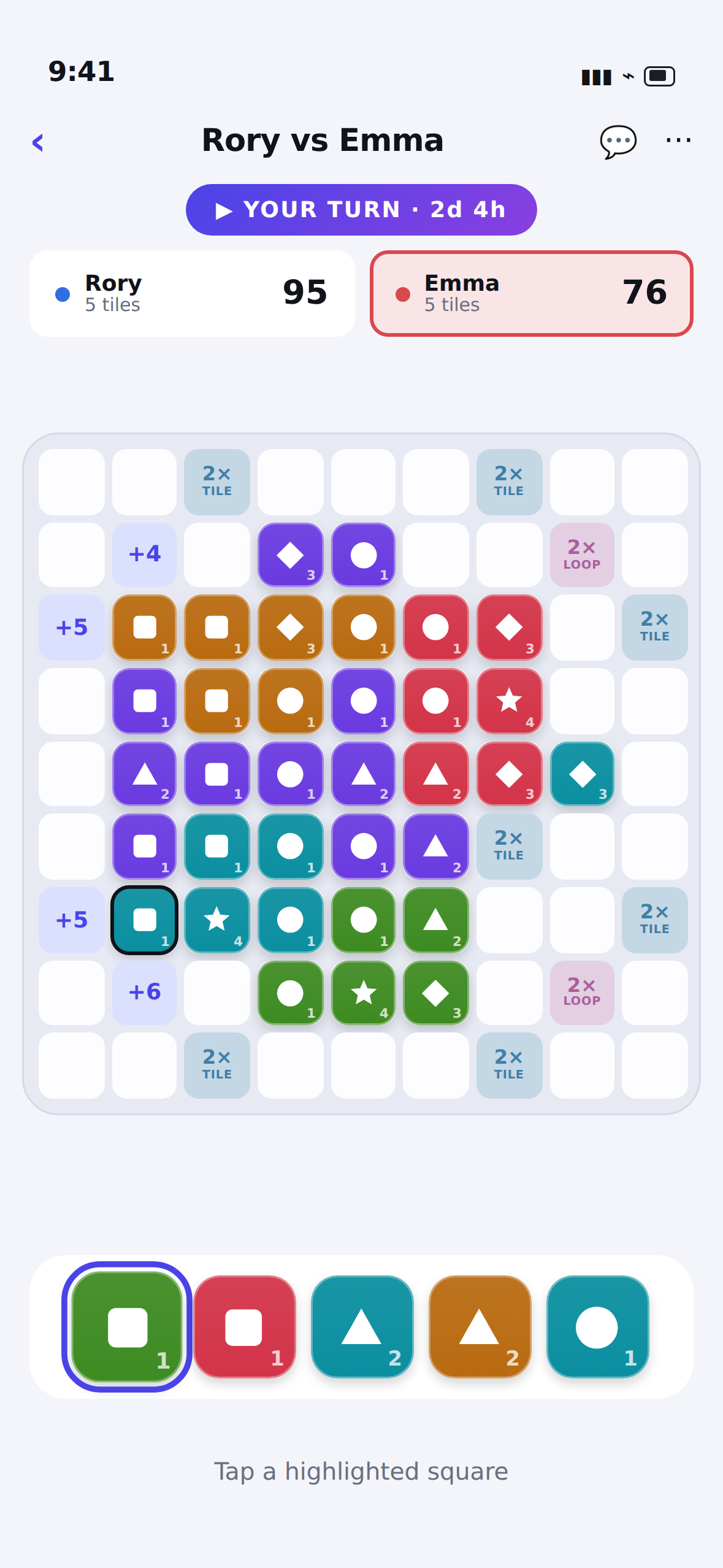 The board with every legal square for the selected tile highlighted.